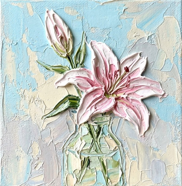 Hand Painted Canvas Art, Lily Flower in Glass Vase, Still Life Painting, Original Acrylic Flower Paintings, Impasto Artwork, Small Canvas Artwork