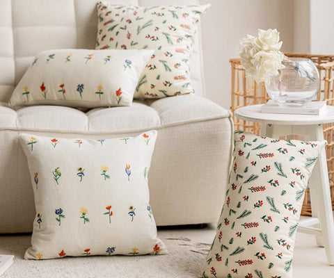 Decorative Pillows for Couch, Farmhouse Decorative Pillows for Sofa, Embroider Flower Cotton Pillow Covers, Spring Flower Decorative Pillows for Bedroom-Paintingforhome