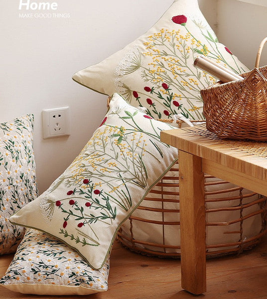 Decorative Pillows for Couch, Farmhouse Decorative Pillows for Sofa, Embroider Flower Cotton Pillow Covers, Spring Flower Decorative Pillows for Bedroom-Paintingforhome