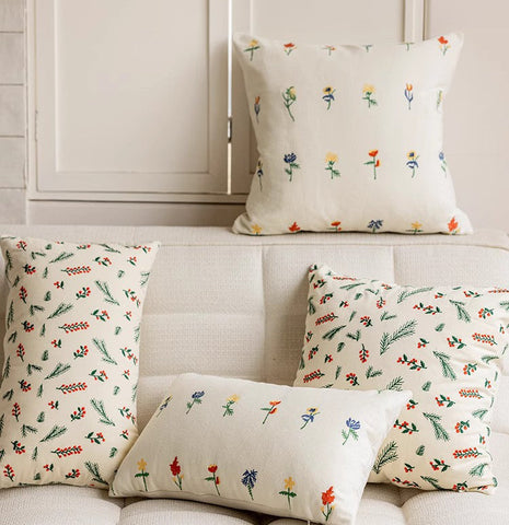 Embroider Flower Cotton Pillow Covers, Spring Flower Decorative Pillows for Bedroom, Decorative Pillows for Couch, Farmhouse Decorative Pillows for Sofa-Paintingforhome