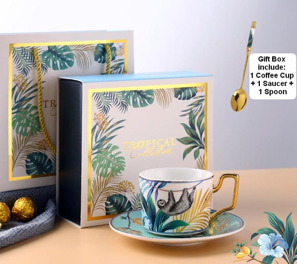 Coffee Cups with Gold Trim and Gift Box, Jungle Leopard Pattern Porcelain Coffee Cups, 7.4 oz Tea Cup and Saucer-Paintingforhome