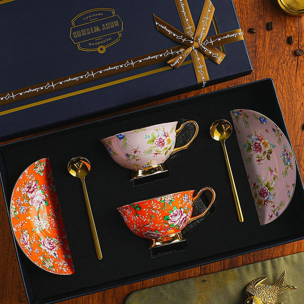 Porcelain Tea Cup Saucer Set of 2 Cups, Floral Ceramic Coffee Cup with Saucer, Beautiful British Tea Cup and Saucer, Flower Tea Cup and Saucer Set in Gift Box-Paintingforhome