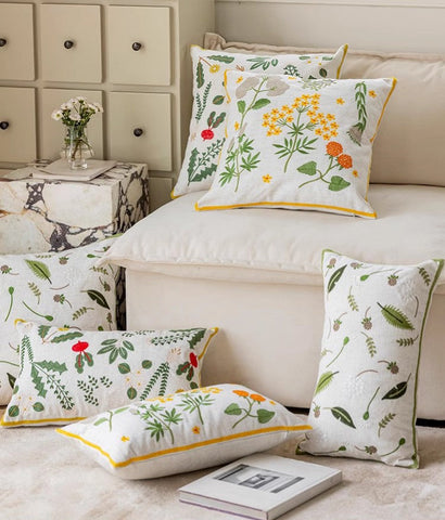 Farmhouse Sofa Decorative Pillows, Embroider Flower Cotton Pillow Covers, Spring Flower Decorative Throw Pillows, Decorative Pillows for Couch-Paintingforhome
