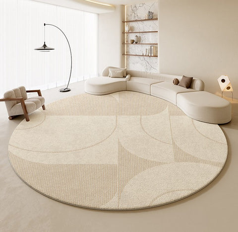 Geometric Circular Rugs for Dining Room, Cream Color Contemporary Modern Rugs, Modern Rugs under Coffee Table, Abstract Modern Round Rugs for Bedroom-Paintingforhome