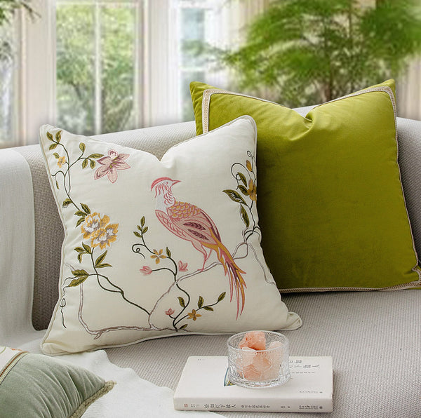 Living Room Decorative Pillows, Modern Decorative Cushions, Decorative Pillows for Bed, Decorative Pillow Arrangement Ideas for Interior Design, Embroidered Floral Bird Pattern Pillow Covers-Paintingforhome