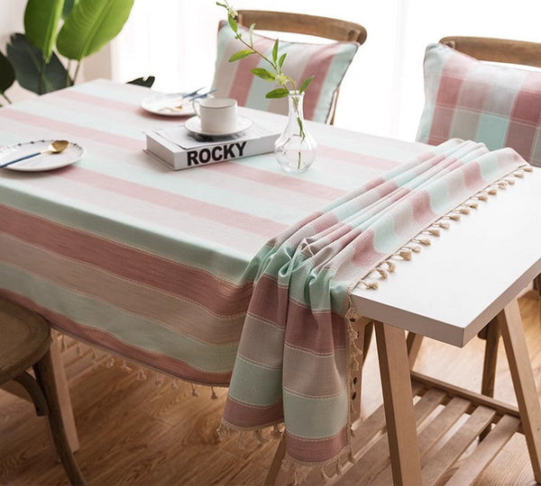 Pink Stripe Cotton and Linen Tablecloths, Rectangular Tablecloth for Oval Table, Rectangular Table Covers for Coffee Table, Modern Table Cloths for Dining Room-Paintingforhome