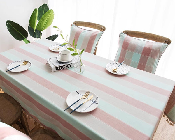 Rectangular Tablecloth for Oval Table, Rectangular Table Covers for Coffee Table, Pink Stripe Cotton and Linen Tablecloths, Modern Table Cloths for Dining Room-Paintingforhome