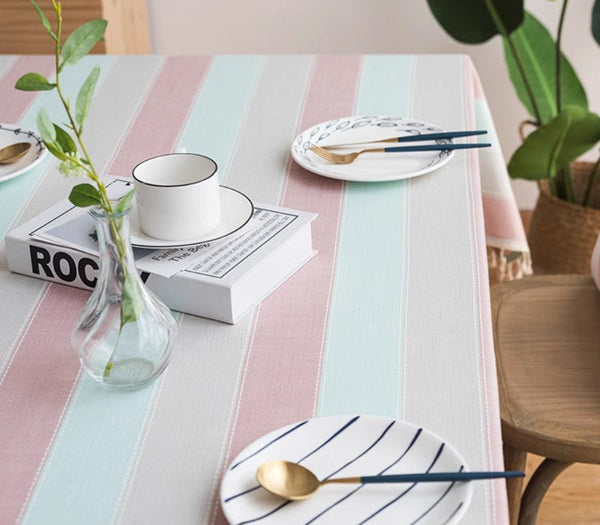 Rectangular Tablecloth for Oval Table, Rectangular Table Covers for Coffee Table, Pink Stripe Cotton and Linen Tablecloths, Modern Table Cloths for Dining Room-Paintingforhome