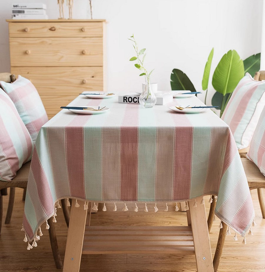 Pink Stripe Cotton and Linen Tablecloths, Rectangular Tablecloth for Oval Table, Rectangular Table Covers for Coffee Table, Modern Table Cloths for Dining Room-Paintingforhome