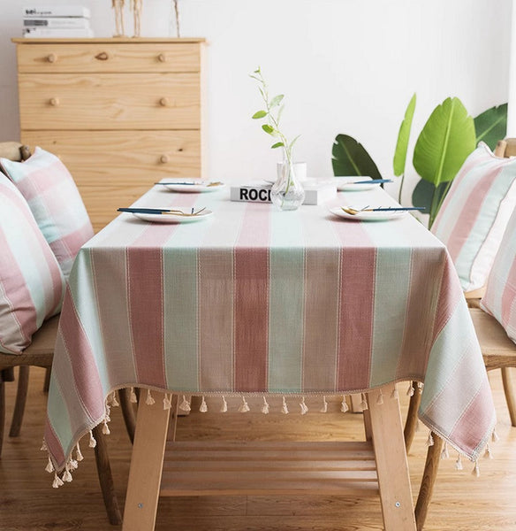 Rectangular Tablecloth for Oval Table, Rectangular Table Covers for Coffee Table, Pink Stripe Cotton and Linen Tablecloths, Modern Table Cloths for Dining Room-Paintingforhome