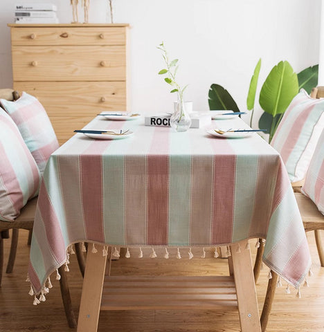Rectangular Tablecloth for Oval Table, Rectangular Table Covers for Coffee Table, Pink Stripe Cotton and Linen Tablecloths, Modern Table Cloths for Dining Room-Paintingforhome