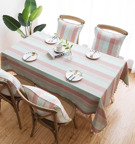Pink Stripe Cotton and Linen Tablecloths, Rectangular Tablecloth for Oval Table, Rectangular Table Covers for Coffee Table, Modern Table Cloths for Dining Room-Paintingforhome