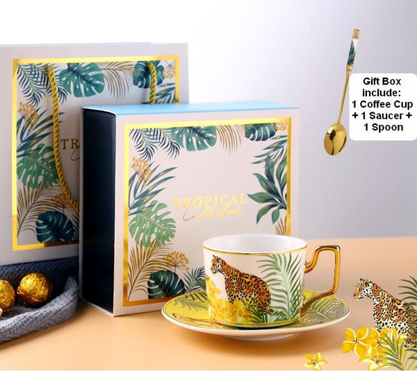 Jungle Animals Porcelain Coffee Cups, Coffee Cups with Gold Trim and Gift Box, 7.4 oz Tea Cup and Saucer-Paintingforhome