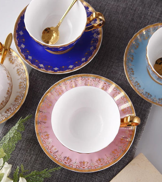 Unique British Tea Cup and Saucer in Gift Box, Pink Blue White Porcelain Tea Cup Saucer Set, Elegant British Ceramic Coffee Cups for Traditional Afternoon Tea-Paintingforhome