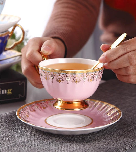 Unique British Tea Cup and Saucer in Gift Box, Pink Blue White Porcelain Tea Cup Saucer Set, Elegant British Ceramic Coffee Cups for Traditional Afternoon Tea-Paintingforhome