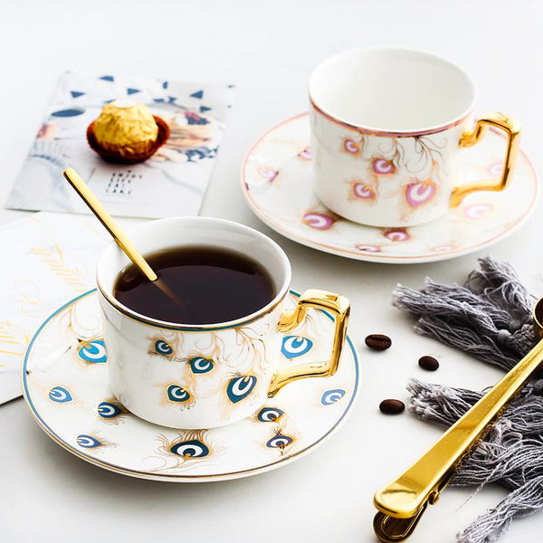 Peacock Tail Pattern Porcelain Coffee Cups, British Tea Cups, Coffee Cups with Gold Trim and Gift Box, Tea Cup and Saucer-Paintingforhome