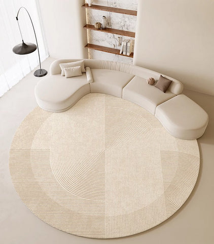Large Modern Rugs in Living Room, Dining Room Modern Rugs, Cream Color Round Rugs under Coffee Table, Contemporary Circular Rugs in Bedroom-Paintingforhome