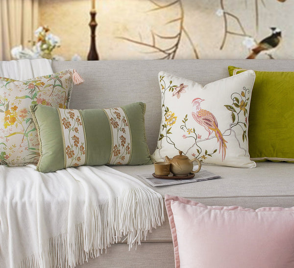 Living Room Decorative Pillows, Modern Decorative Cushions, Decorative Pillows for Bed, Decorative Pillow Arrangement Ideas for Interior Design, Embroidered Floral Bird Pattern Pillow Covers-Paintingforhome