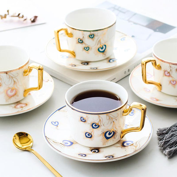 Peacock Tail Pattern Porcelain Coffee Cups, British Tea Cups, Coffee Cups with Gold Trim and Gift Box, Tea Cup and Saucer-Paintingforhome