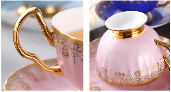 Unique British Tea Cup and Saucer in Gift Box, Pink Blue White Porcelain Tea Cup Saucer Set, Elegant British Ceramic Coffee Cups for Traditional Afternoon Tea-Paintingforhome