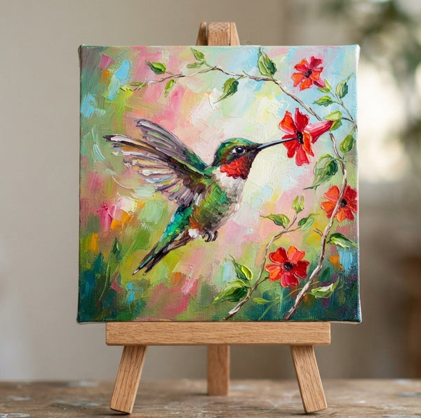 Humming Bird Painting, Hand Painted Canvas Art, Heavy Texture Painting, Small Art on Canvas, Miniature Wall Art, Original Oil Paintings