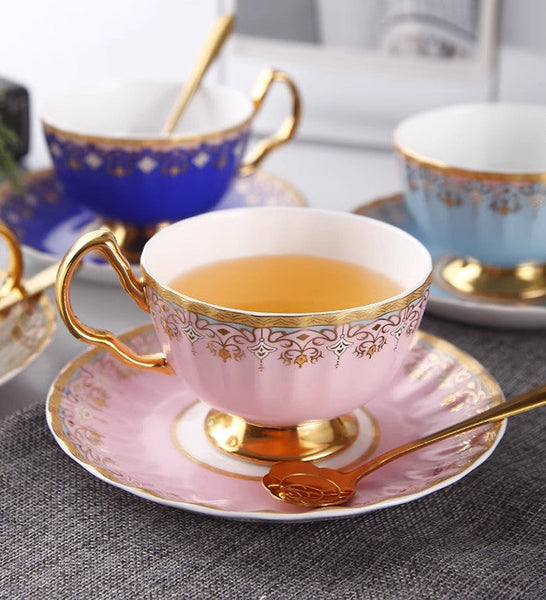 Unique British Tea Cup and Saucer in Gift Box, Pink Blue White Porcelain Tea Cup Saucer Set, Elegant British Ceramic Coffee Cups for Traditional Afternoon Tea-Paintingforhome