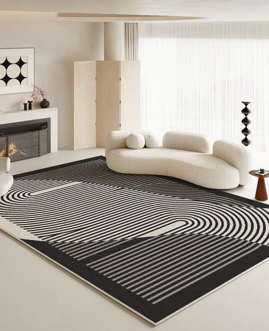 Geometric Contemporary Rugs Next to Bed, Black Stripe Contemporary Modern Rugs, Modern Rugs for Living Room, Modern Rugs for Dining Room-Paintingforhome