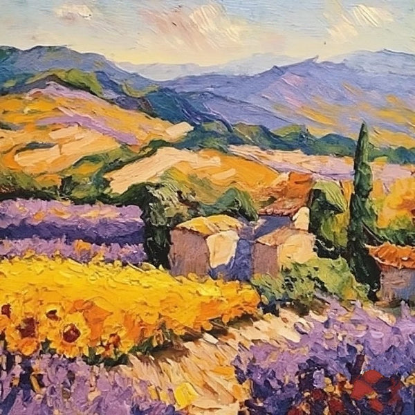 Original Small Landscape Paintings, Simple Small Canvas Paintings, Provence Lavender and Sunflower Field Cypress Tree Painting, Heavy Texture Canvas Art, Easy Landscape Painting Ideas-Paintingforhome