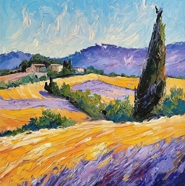 Original Small Landscape Paintings, Heavy Texture Acrylic Artwork, Easy Landscape Painting Ideas, Provence Lavender Field Cypress Tree Painting, Simple Small Canvas Paintings-Paintingforhome