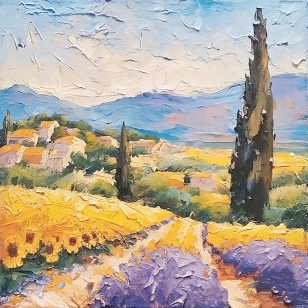 Heavy Texture Canvas Art, Easy Landscape Painting Ideas, Original Small Landscape Paintings, Simple Small Canvas Paintings, Provence Lavender and Sunflower Field Cypress Tree Painting-Paintingforhome