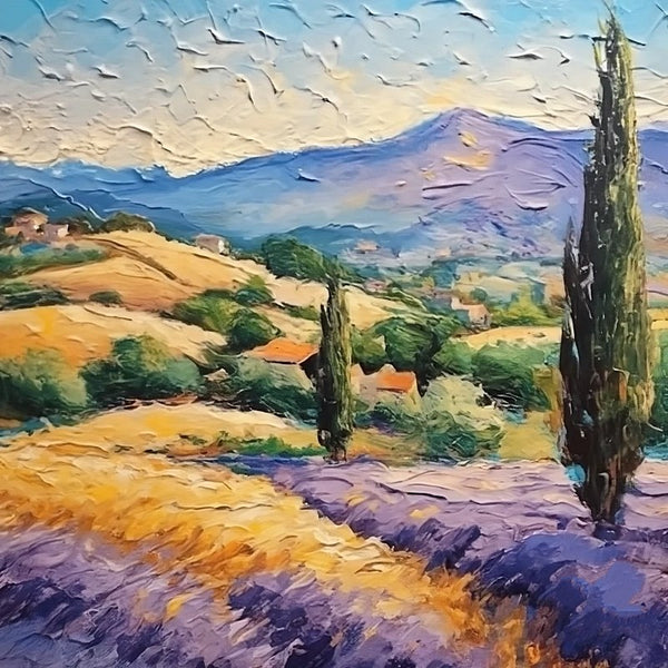Original Small Landscape Paintings, Provence Lavender Field Cypress Tree Painting, Simple Small Canvas Paintings, Heavy Texture Acrylic Artwork, Easy Landscape Painting Ideas-Paintingforhome