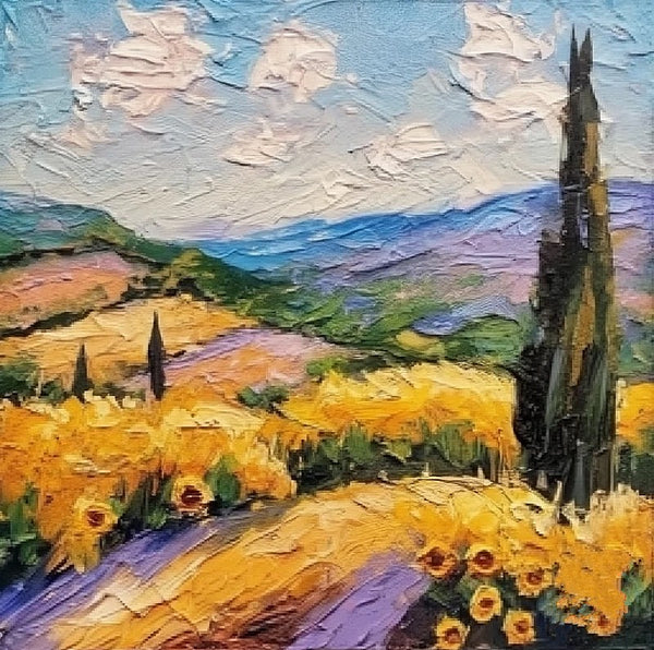 Heavy Texture Acrylic Artwork, Easy Landscape Painting Ideas, Original Small Landscape Paintings, Provence Sunflower Field Cypress Tree Painting, Simple Small Canvas Paintings-Paintingforhome