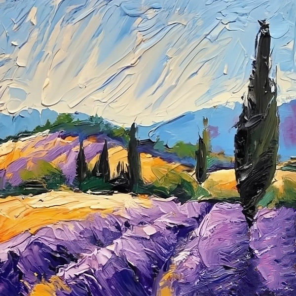 Original Small Landscape Paintings, Provence Lavender Field Cypress Tree Painting, Simple Small Canvas Paintings, Heavy Texture Acrylic Artwork, Easy Landscape Painting Ideas-Paintingforhome