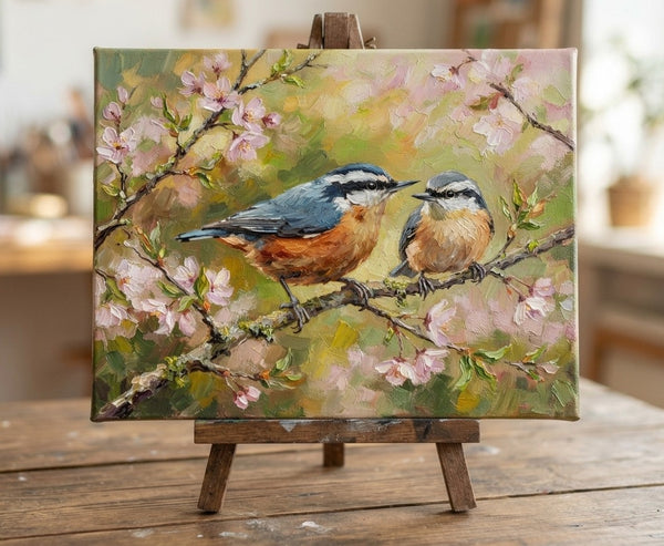 Hand Painted Canvas Art, Red-breasted Nuthatch Birds Painting, Original Oil Paintings, Love Bird Couple Painting, Small Canvas Paintings, Original Oil Paintings on Canvas