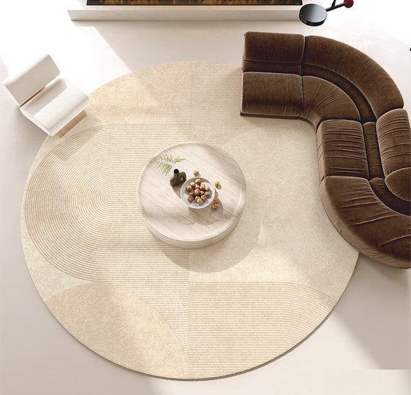 Modern Rugs for Living Room, Contemporary Cream Color Rugs for Bedroom, Circular Modern Rugs under Chairs, Geometric Round Rugs for Dining Room-Paintingforhome