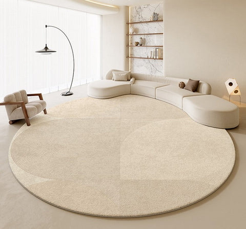 Modern Rugs for Living Room, Contemporary Cream Color Rugs for Bedroom, Circular Modern Rugs under Chairs, Geometric Round Rugs for Dining Room-Paintingforhome