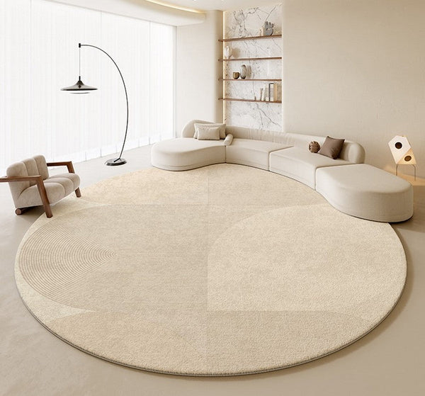 Modern Rugs for Living Room, Contemporary Cream Color Rugs for Bedroom, Circular Modern Rugs under Chairs, Geometric Round Rugs for Dining Room-Paintingforhome