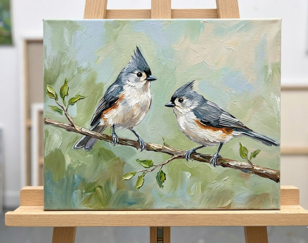 Tufted Titmouse Birds Painting, Love Bird Couple Painting, Hand Painted Canvas Art, Original Oil Paintings, Small Canvas Paintings, Original Oil Paintings on Canvas