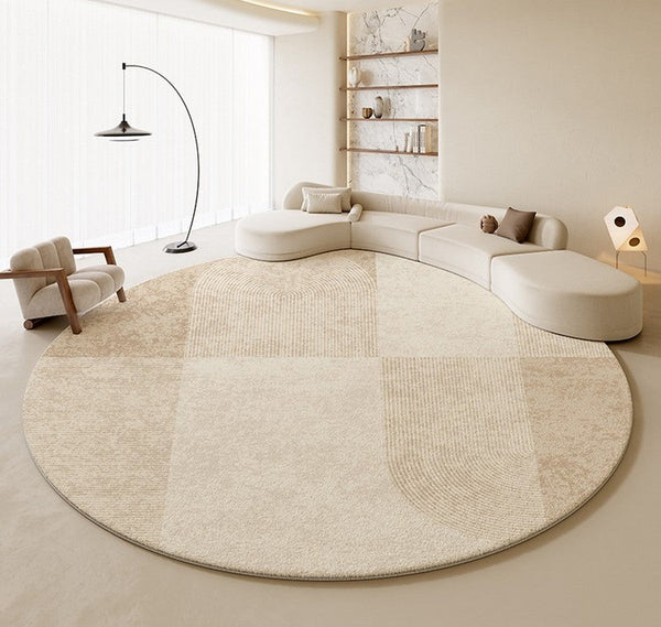 Modern Round Rugs under Coffee Table, Circular Rugs for Dining Table, Abstract Contemporary Rugs for Bedroom, Modern Cream Color Rugs for Living Room-Paintingforhome