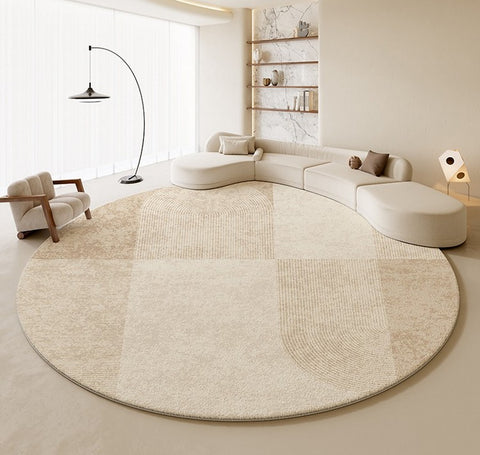 Abstract Contemporary Rugs for Bedroom, Modern Cream Color Rugs for Living Room, Modern Round Rugs under Coffee Table, Circular Rugs for Dining Table-Paintingforhome