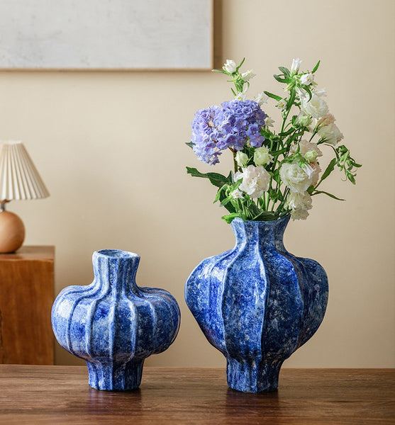Modern Pottery Flower Vases, Handmade Water Holding Flower Vases, Centerpiece on Dining Table, Blue Ceramic Bud Vases, Tall Flower Vases on Table-Paintingforhome