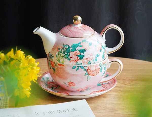 Ceramic Tea Pot with Integrated Cup, Mother-and-Baby Teapot with Matching Saucer, Vintage Style Stackable Tea Pot Set, English Style Tea Pot and Cup Set-Paintingforhome