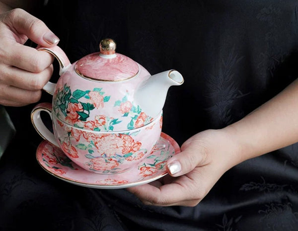 Ceramic Tea Pot with Integrated Cup, Mother-and-Baby Teapot with Matching Saucer, Vintage Style Stackable Tea Pot Set, English Style Tea Pot and Cup Set-Paintingforhome