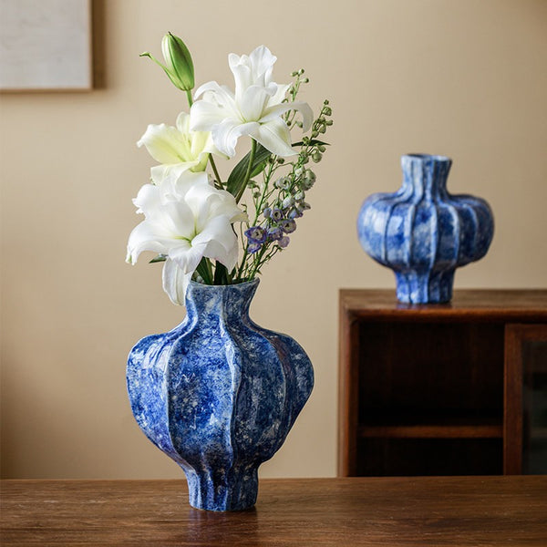 Modern Pottery Flower Vases, Handmade Water Holding Flower Vases, Centerpiece on Dining Table, Blue Ceramic Bud Vases, Tall Flower Vases on Table-Paintingforhome