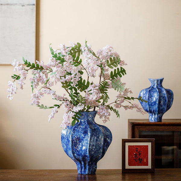 Modern Pottery Flower Vases, Handmade Water Holding Flower Vases, Centerpiece on Dining Table, Blue Ceramic Bud Vases, Tall Flower Vases on Table-Paintingforhome