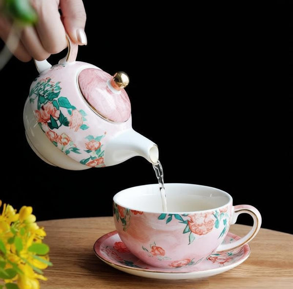 Ceramic Tea Pot with Integrated Cup, Mother-and-Baby Teapot with Matching Saucer, Vintage Style Stackable Tea Pot Set, English Style Tea Pot and Cup Set-Paintingforhome