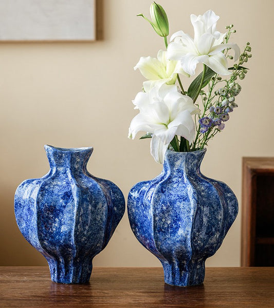 Modern Pottery Flower Vases, Handmade Water Holding Flower Vases, Centerpiece on Dining Table, Blue Ceramic Bud Vases, Tall Flower Vases on Table-Paintingforhome