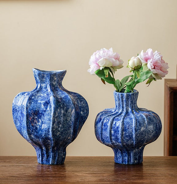 Modern Pottery Flower Vases, Handmade Water Holding Flower Vases, Centerpiece on Dining Table, Blue Ceramic Bud Vases, Tall Flower Vases on Table-Paintingforhome