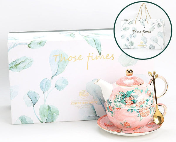 Ceramic Tea Pot with Integrated Cup, Mother-and-Baby Teapot with Matching Saucer, Vintage Style Stackable Tea Pot Set, English Style Tea Pot and Cup Set-Paintingforhome