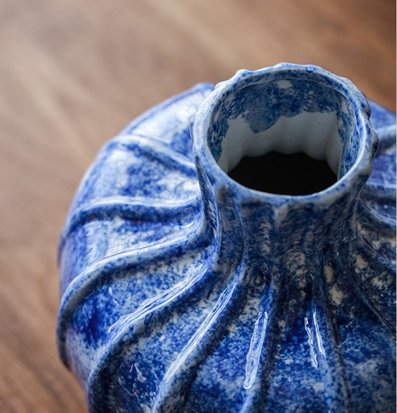 Modern Pottery Flower Vases, Handmade Water Holding Flower Vases, Centerpiece on Dining Table, Blue Ceramic Bud Vases, Tall Flower Vases on Table-Paintingforhome